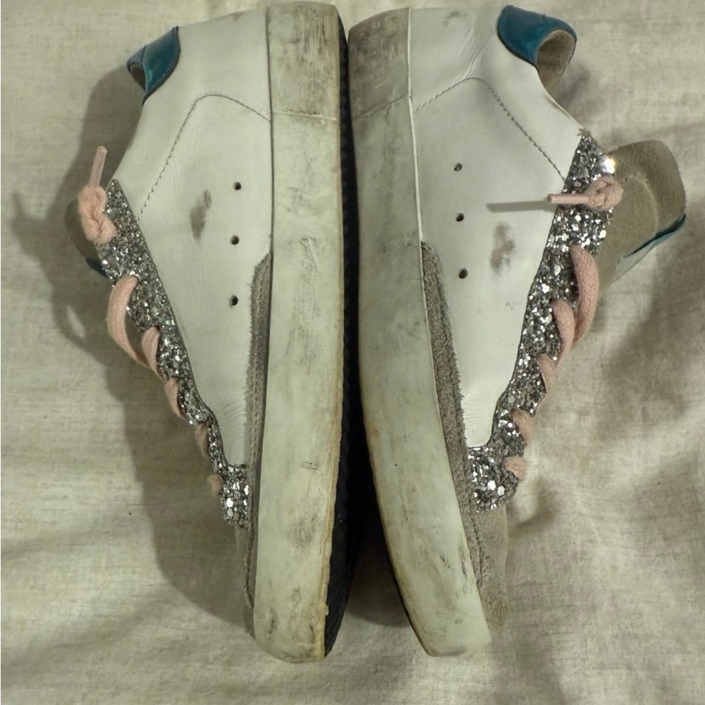 Golden Goose White Sneakers with Pink Laces, Silver Glitter & Blue Heel Tab - Picture 4 of 5